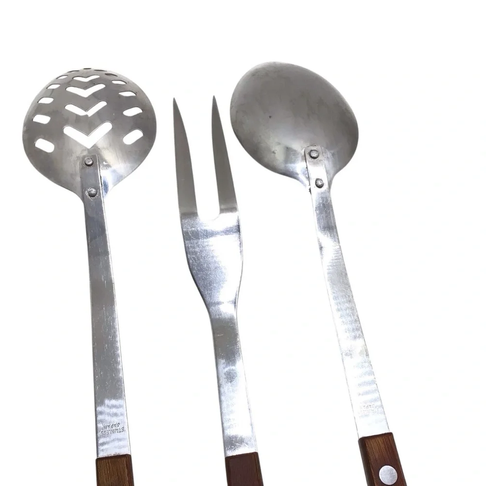 Vintage Japan Stainless Steel 3 Pc Serving Set Wood Handle Spoon Fork Utensils